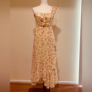 Lush One Sleeve Asymmetrical Ruffle Floral Midi Dress Yellow Multi Size M